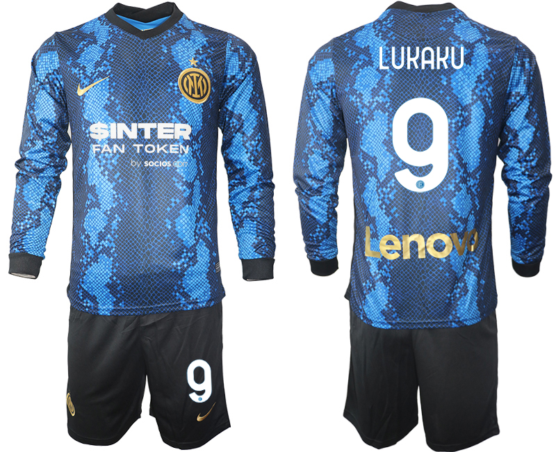 Men 2021-2022 Club Inter Milan home blue Long Sleeve #9 Soccer Jersey->inter milan jersey->Soccer Club Jersey